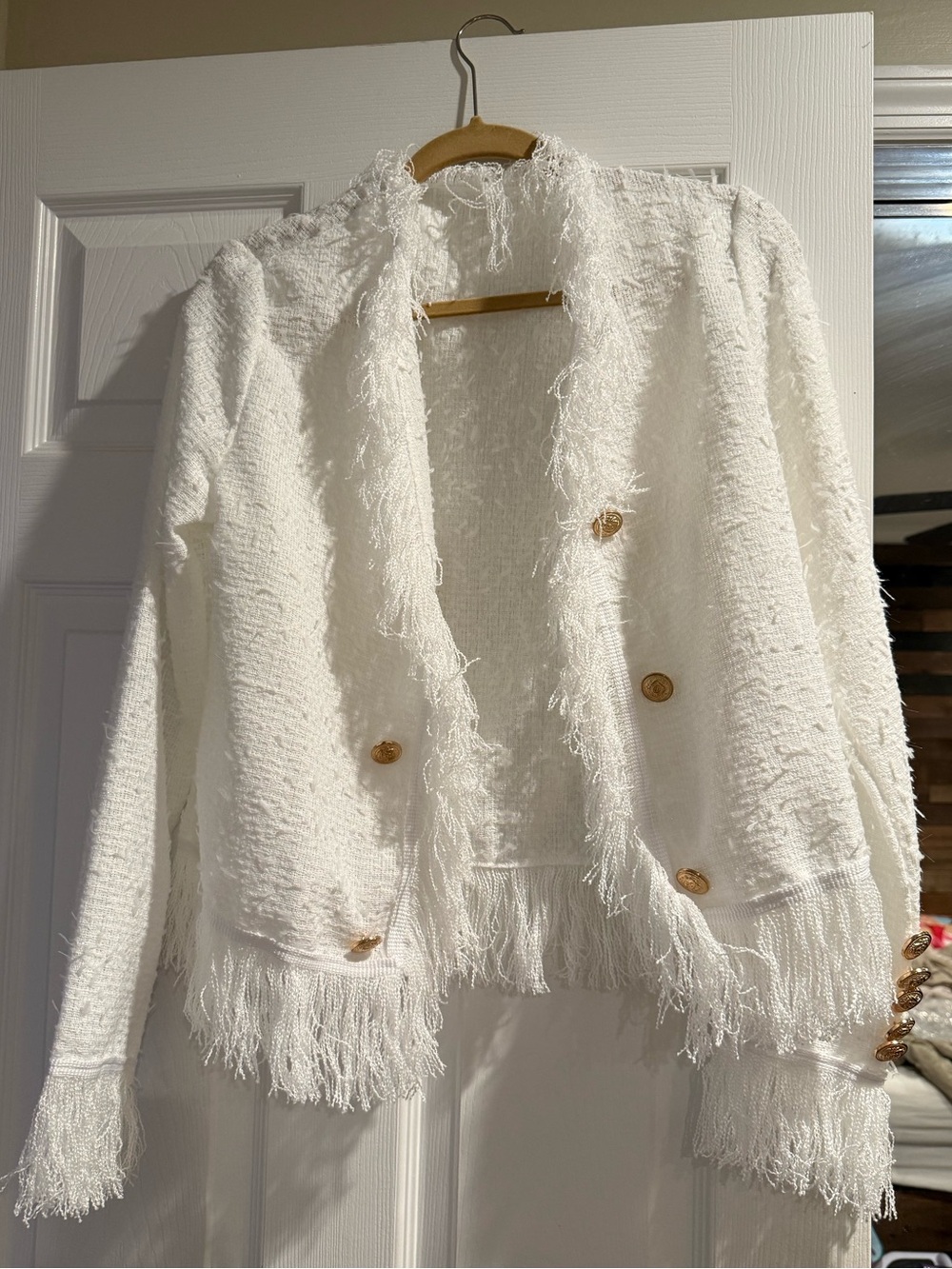 Women’s White Fringed Blazer with Gold Buttons